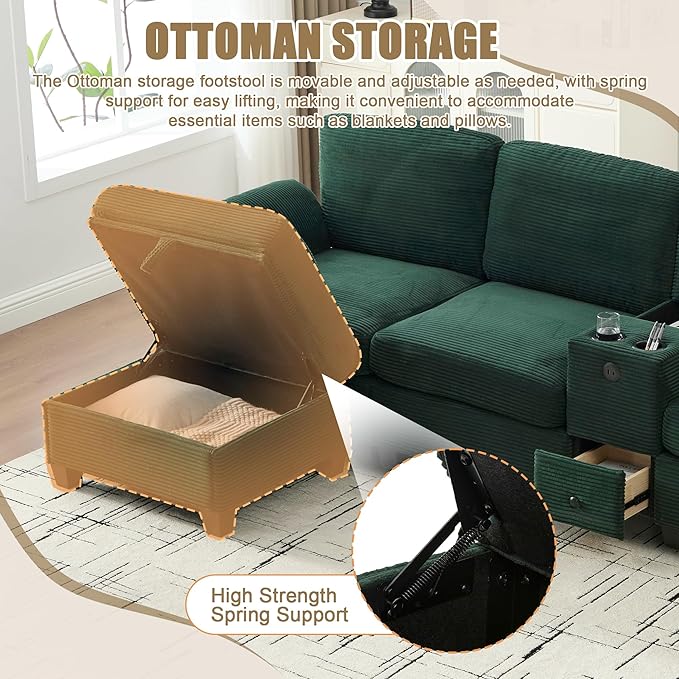 KEIKI 105 L-Shaped Oversized Corduroy Modular Sectional Sofa with 1 Ottoman and Multi Functional Console 4-Seater Upholstered Couch with USB and 2 Cup Holder Easy Assembly for Living Room Emerald