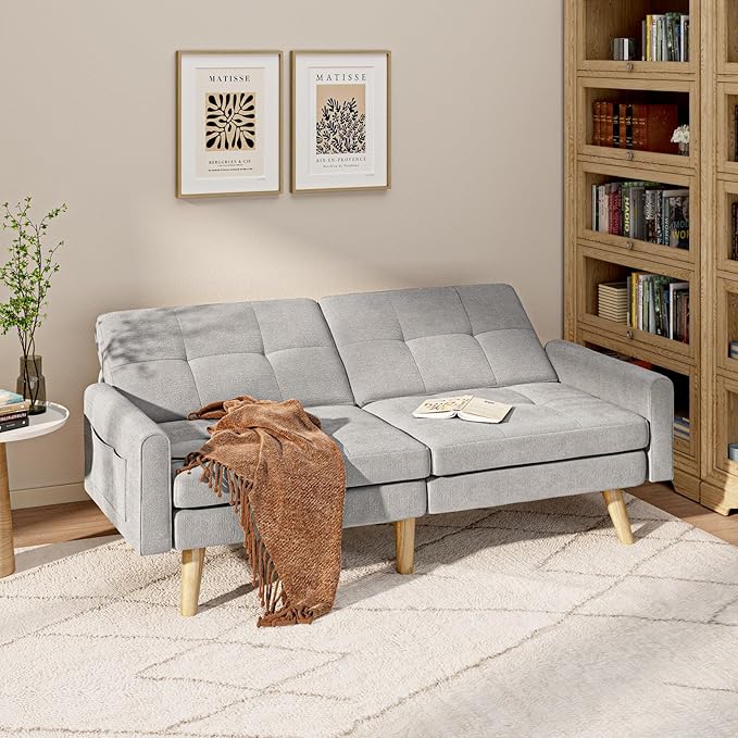 Gizoon 70.9 Sofa Bed Futon Couch Bed with Adjustable Backrest Modern Sleeper Sofa with Removable Armrest for Extended Length Love Seat for Living Room Office and Small Spaces Apartment Grey