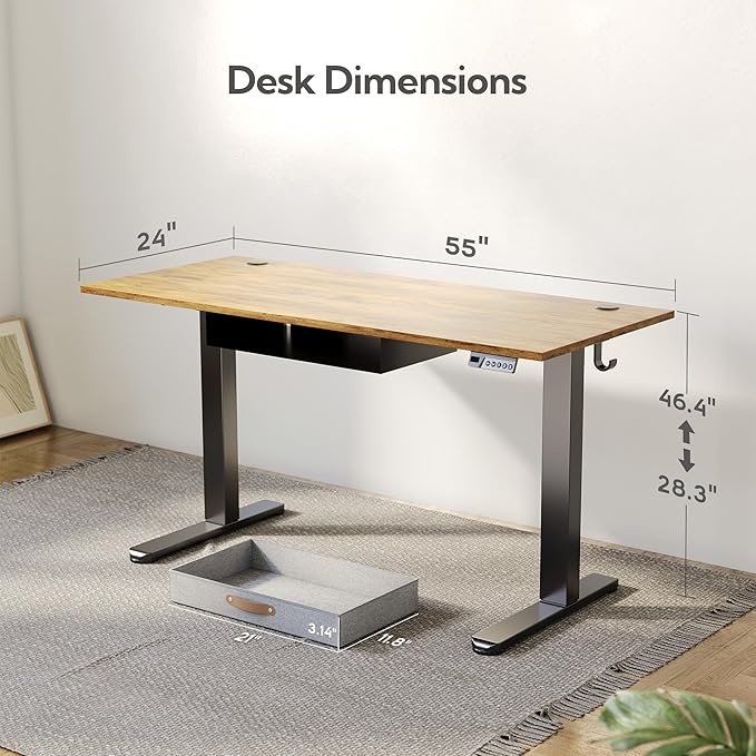 Seang Standing Desk with Drawer 55 x 24 Height Adjustable Stand Up Desk 3 Memory Height Settings with Cable Grommets &amp Storage Hooks Ideal for Home &amp Office Rustic Brown