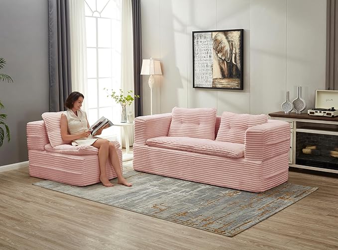 2 Pieces Sofa and Loveseat Set 80'' King Size Folding Sofa Bed with Chaise Lounge 2-in-1 Convertible Floor Sofa Bed Corduroy Boneless Couch Memory Foam Couches for Living Room Pink
