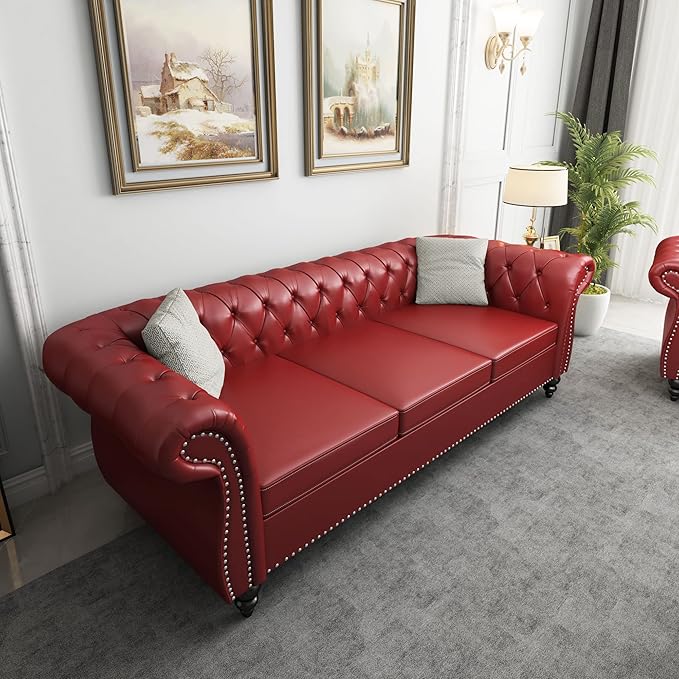 ORRD Chesterfield Sofa Leather Modern PU Tufted Couch 3 Seater with Rolled Arms and Nailhead for Living Room Bedroom Office Apartment (Burgundy)