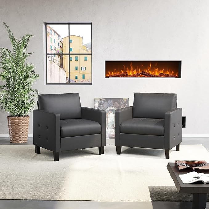 STHOUYN Accent Chair Black Leather Chair Mid-Century Modern Living Room Chairs Cozy Office Reading Chair with Tufted Seat and Armrest Reception Armchairs for Bedroom Waiting Room