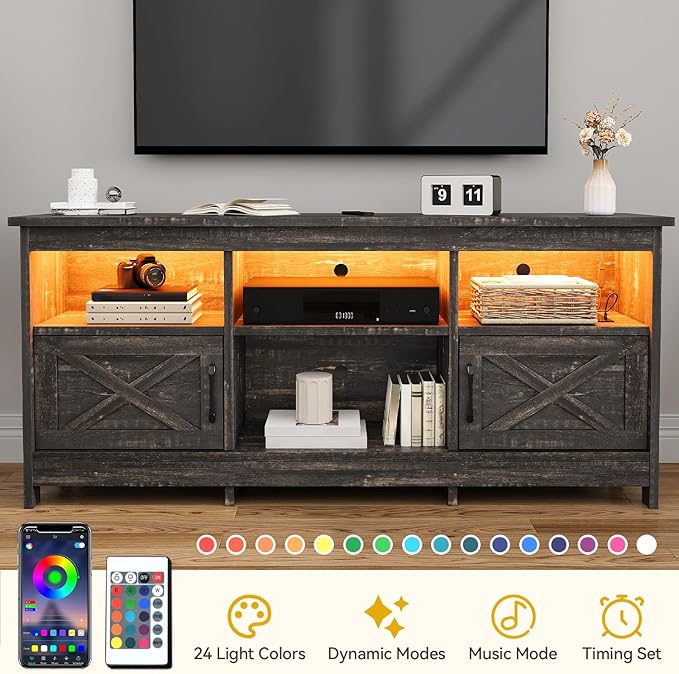 DWVO TV Stand for up to 65 Inch TV Entertainment Center with Storage TV Cabinet with Power Outlet &amp LED Light Strip Media Console Television Stands for Living Room Dark Rustic Oak