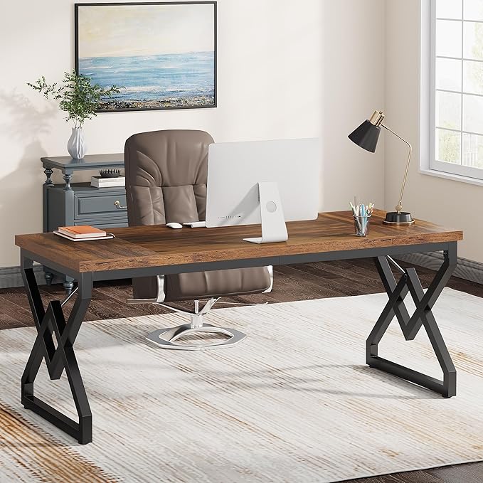 Tribesigns 63 Large Industrial Executive Desk with Extra Thickened Tabletop &amp Metal Frame Heavy-Duty 300 lb Capacity Home Office Desk for Study Room Dorm Bedroom – Vintage Brown &amp Black