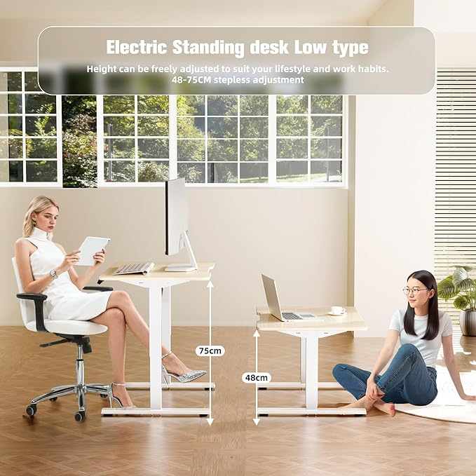 ERGOMAKER Low Height Adjustable Desk with Lockable Wheels Lifts 18.9-29.5 31.5 x 23.6 Electric Small Standing Desk with Splice Board for Home Office &amp Short People(White Frame Gold Oak Desk