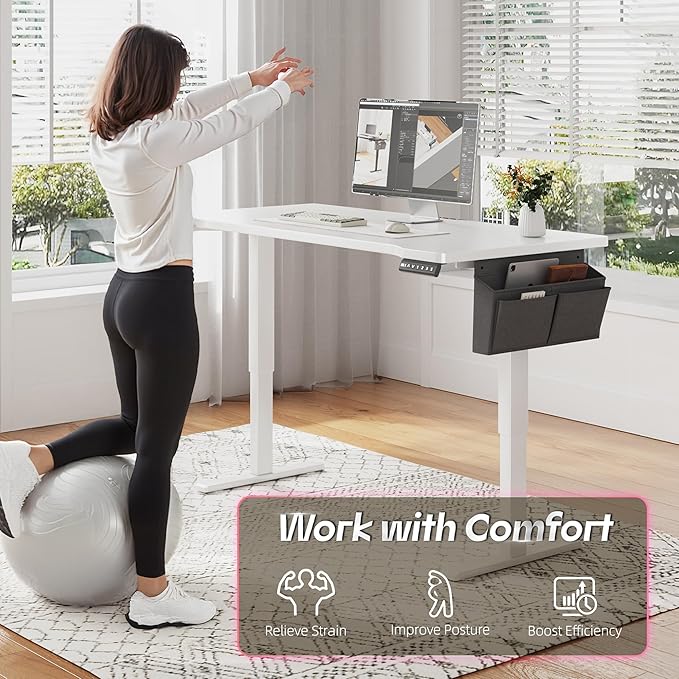 EnHomee Standing Desk with RGB LightsAdjustable Gaming Desk 48 x 24 HeightComputer Desk with 3 Memory Presets &amp Ergonomic Curved TopSit Stand Office Desk with Storage Bag &amp HookWhite