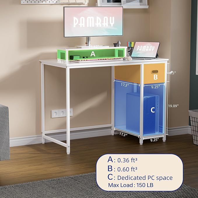Pamray 39 Inch Computer Desk with Monitor Stand Small Home Office Desks with Non-Woven Storage Drawer for Bedroom Study Table Writing and Work Desk WhiteWhite Leg