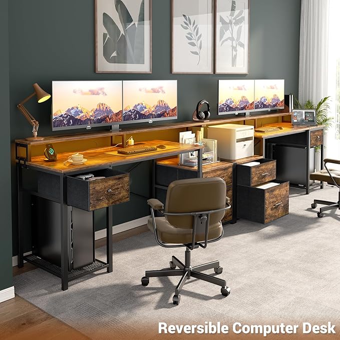 Aheaplus Computer Desk with 3 Drawers Home Office Desk with File Drawer &amp Power Outlet 59'' Gaming Desk with Led Lights Long Work Desk with Storage Printer Cabinet and Monitor Shelf Rustic Br