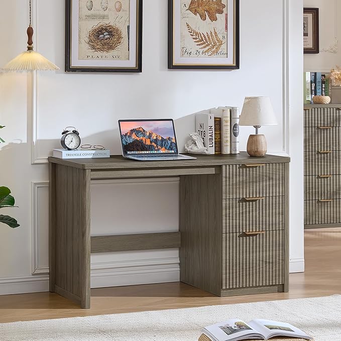 LEYAOYAO Office Desk 48 with 3 Drawers Storage File Cabinet Wood Fluted Desk for Computer Office Bedroom Home Furniture Grey