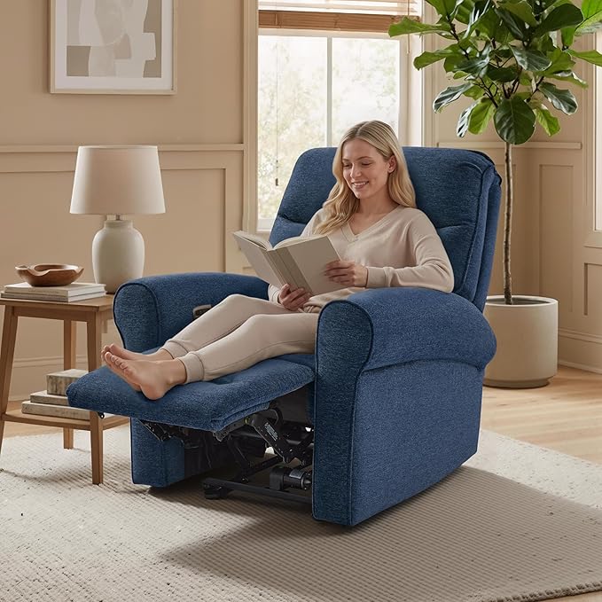 MCombo Compact Wall Hugger Power Recliner Chair for Small Spaces Dual USB-A/C Ports Rolled Arm Recliner for Living Room &amp RV Fabric PR520 (Fabric Navy Blue Small)