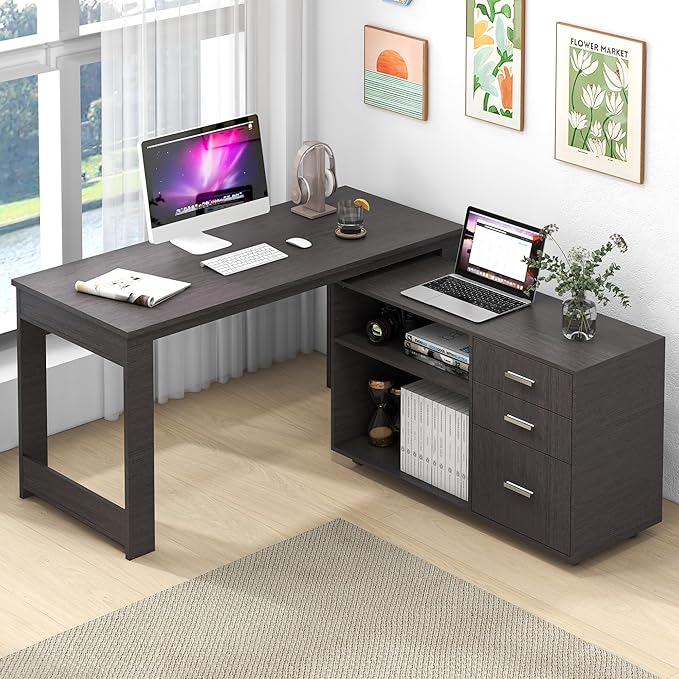 MU 55inch White L Shaped Desk Corner Computer Desk with 3 Drawers and 2 Shelves Writing Office Table with Storage File Cabinet Large Executive Desk with Wheels for Home Office Bedroom (Grey)