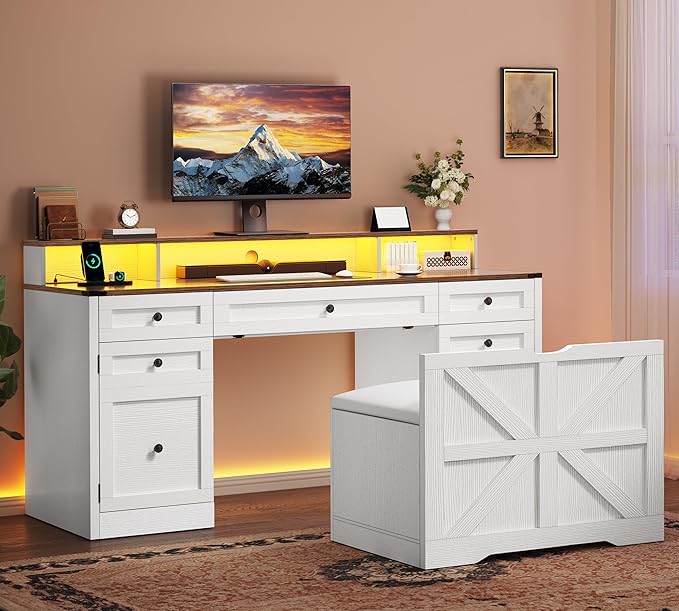 YITAHOME Computer Desk Stool Set with 5 Drawers Office Desk with Power Outlets &amp LED Lights Farmhouse Wood Desk Home Office Desks with Storage Cabinet &amp Monitor Stand for Work Study Antiqu