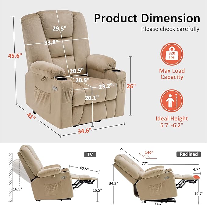 MCombo Large Power Lift Recliner Chair Sofa with Massage and Heat for Big and Tall Elderly People 3 Positions Cup Holders and USB Ports Fabric 7549 (Large Beige)