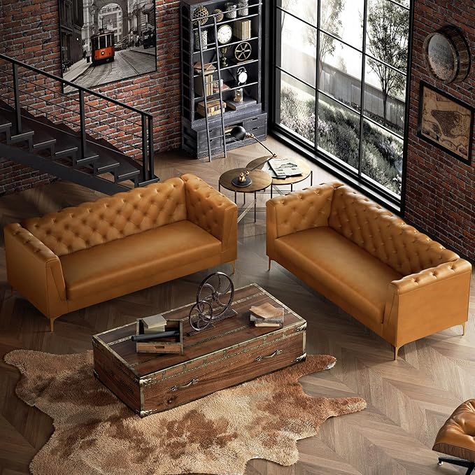 81 Mid-Century Modern Sofa CouchFaux Leather 3 Seater Sofa and Comfortable CushionsComfy Deep Seats Sofa Modern Couch for Living RoomOffice Apartment Small SpaceTool-Free AssemblyBrown