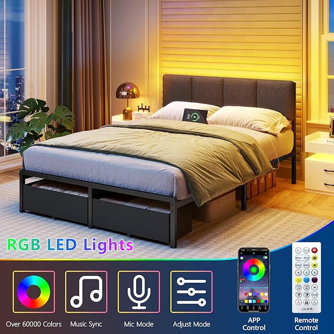 Furnulem Full Size Bed Frame with Headboard Upholstered Full Bed Frame with LED Light USB Charging Station Platform Bedframe with 2 Fabric Underbed Storage Drawers No Spring Box Needed