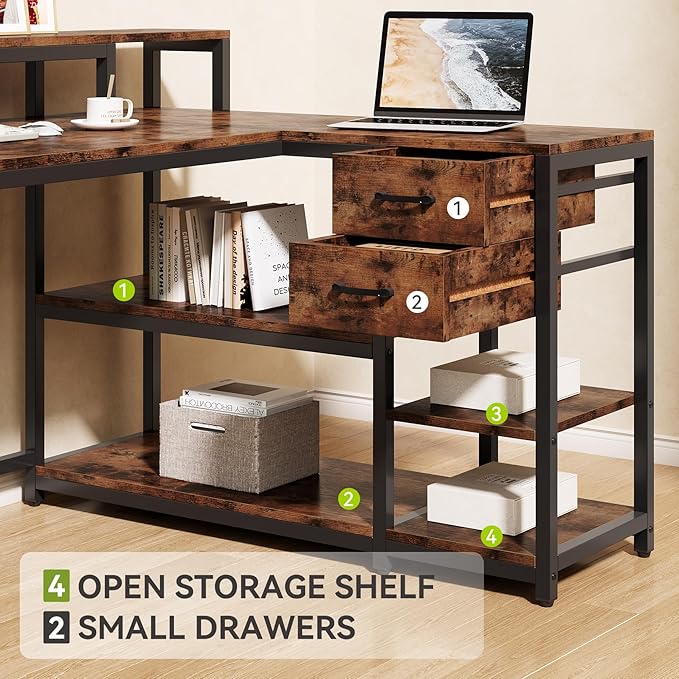 LITTLE TREE 55-Inch L-Shaped Computer Desk Reversible Computer Desk with Drawers and Storage Shelves Corner Desk Gaming Desk Work Desk for Home Office Rustic