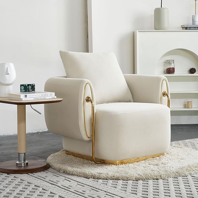 35.83'' W Luxury Modern Single ChairAccent ChairArm Chair for Living RoomBedroomWaiting RoomStainless Steel e and Base in Gold ColorUpholstered Soft Velvet Beige Color