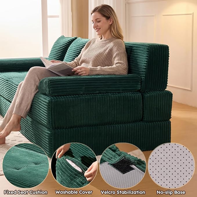 78.7IN Folding Sofa Bed - Convertible Sleeper Sofa Couch with Removable Pillows 3 Seater Couches Bed for Living Room Bedroom Apartment No Assembly Required Freestanding Corduroy Green
