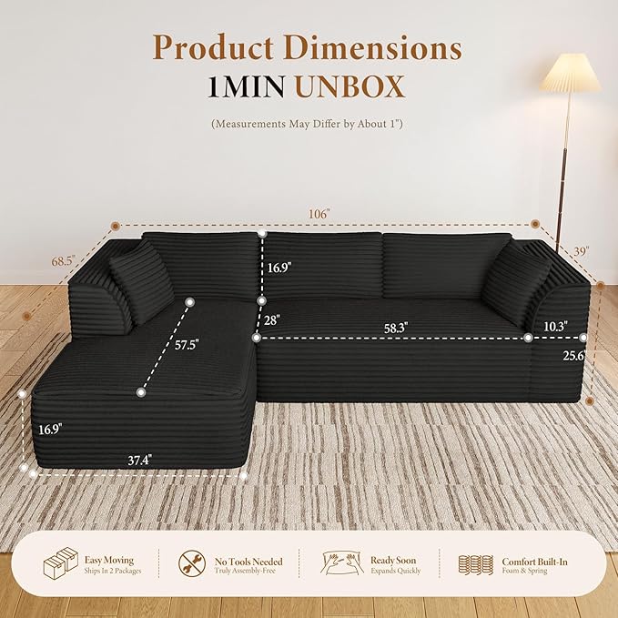 Vesgantti 106 Cloud Sectional Couch with Chaise Deep Seat Comfy Modular Sectional Sofa Corduroy Memory Foam Boneless Couches for Living Room Bedroom No Assembly Required (Black Left-Facing Chaise)