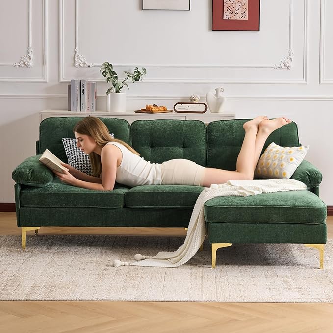 Sectional Couches for Living Room85 L-Shaped SofasModern Couch with Deep Seats &amp Chaise LongueRemovable Sofa Pillows WashableSofa for Apartments(ChenilleGreen)