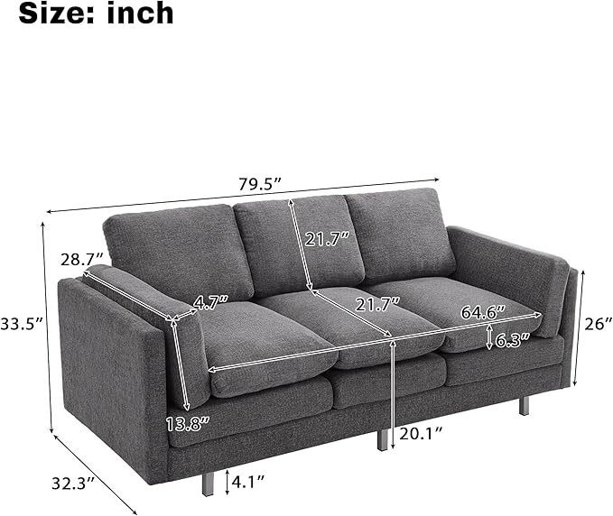 Christopher Knight Home Vincenzo 79.5 Sectional Sofa 3 Seater Couch Chenille Upholstered Sofa Chair Metal Legs Couch Dual-Layer Cushions Armchair Comfort Seating for Reading Living Room Gray