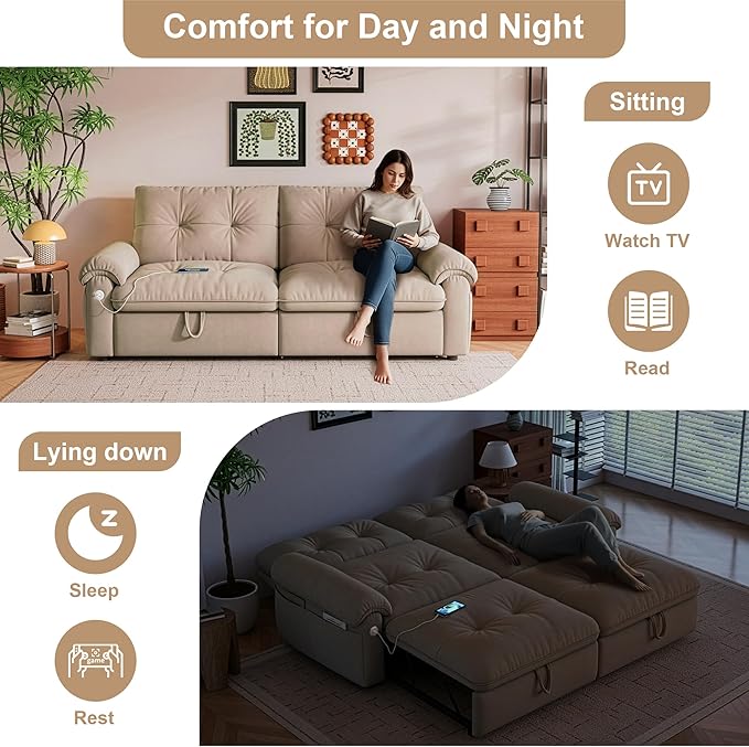 Sleeper Sofa Bed Queen Size Sofa Bed Convertible Pull Out Couch with Adjustable Backrest USB Port and Side Pockets Modern 2 Seater Small Couches for Living Room Space-Saving