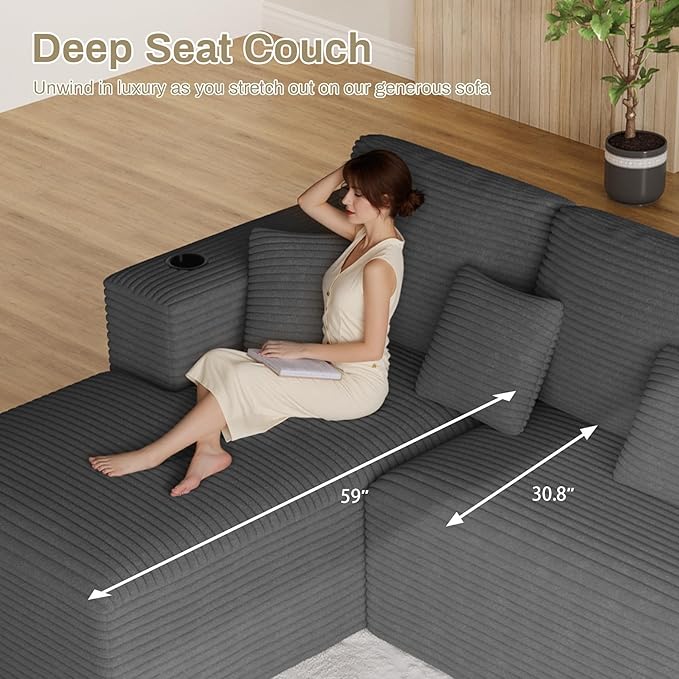 110 Modular Sectional Sofa Cloud Couch Modern Deep Seat Fluffy Corduroy Boneless Couch with Cup Holder Comfy L Shaped Sectional Couches for Living Room Bedroom. (Left Facing Dark Grey)