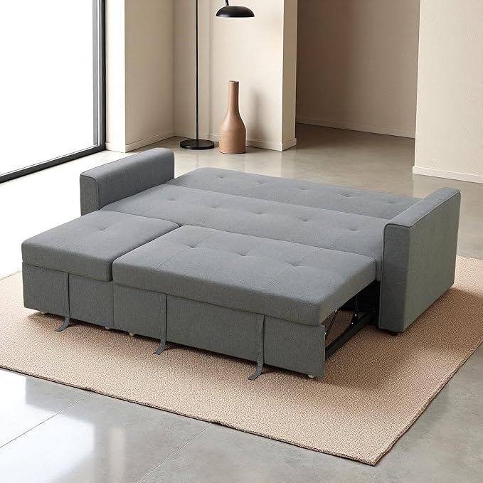 Convertible Sofa Bed Couch 4 Seat Iron Frame Sectional Couches for Living Room with Storage for Apartment Sleeper Sofa Couch with Pullout Bed Light Grey