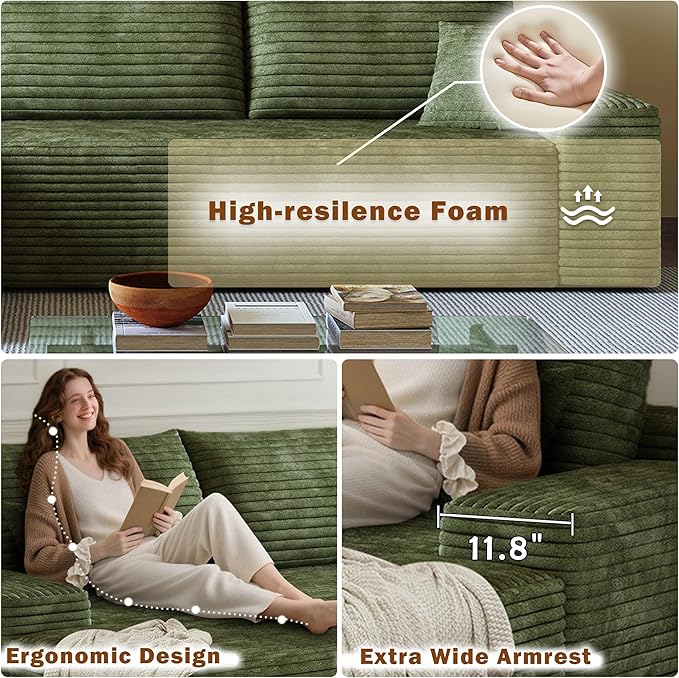 135 Corduroy Boneless Sectional Couch with Chaise No Assembly Required L Shaped Modular Sectional Sofa Upholstered Boneless Couches for Living Room Bedroom (Green 4 Seater+Left Facing Chaise) | C