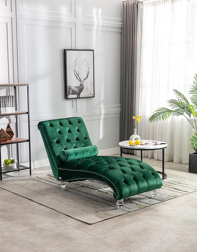 Leisure Velvet Concubine Sofa Accent Sofa Chaise Reclining Lounger Barrel Sofa with Acrylic Feet (Green)