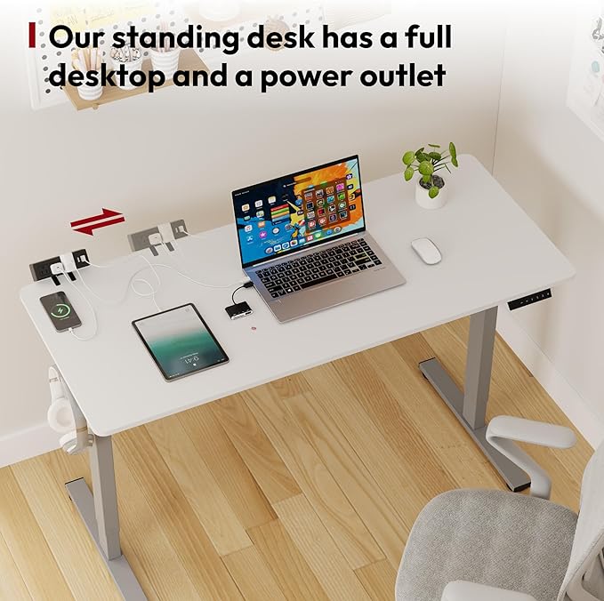 SANODESK Electric Standing Desk with Desk Clamp Power Strip 60x 24 Whole-Piece Desktop Height Adjustable Stand Up Desk with Cable Management Sit Stand Home Office Desk Silver Frame/White Top