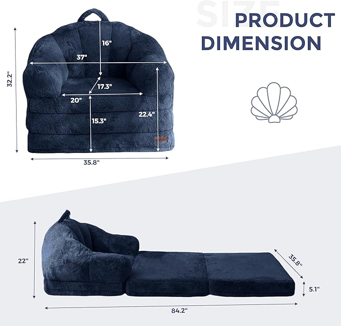 MAXYOYO Folding Sofa Bed 2 in 1 Convertible Sofa to Lounger Comfy Single Bean Bag Chair for Adults Floor Sleeper Couch with Handle Faux Fur Couch Bed for Living Room Bedroom Navy