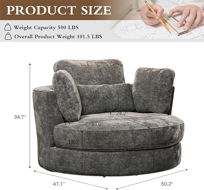Chifee &amp Vingol 50.2 Oversized Swivel Accent Chair Upholstered Round Barrel Chair with Pillows Swivel Chairs for Living Room BedroomChenilleGray