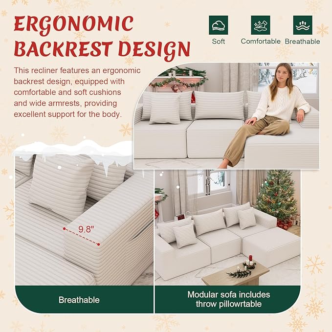 Modular Cloud Couch Sectional Deep Seat No-Bone Corduroy Sofa with Ottoman Oversized Comfy Modular Sofa for Living Room Bedroom Apartment No Assembly Flexible Layout (White Ottoman)
