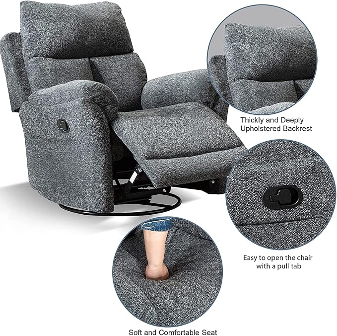 ANJ Swivel Rocker Recliner Chair Manual Fabric Glider Nursery Recliner Chair Single Rocking Modern Sofa Home Theater Seating for Living Room Nursery (Dark Gray)