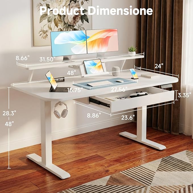 COMHOMA Electric Standing Desk with Drawers 48 x 24'' Sit Stand up Desk with Monitor Stand Laptop Stand Height Adjustable Ergonomic Home Office Computer Desk with Memory Preset Controller