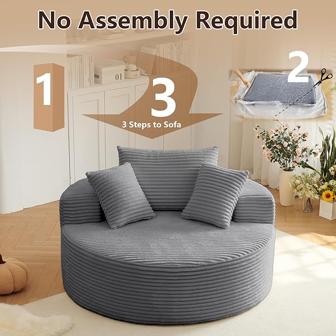 55'' Oversized Round Chair Lounge Chaise Indoor Cloud Boneless Large Circle Chair with Plush Corduroy No Assembly Required Fluffy Modern Sleeper Sofa Bed for ReadingLiving RoomBedroom(Dark Grey)