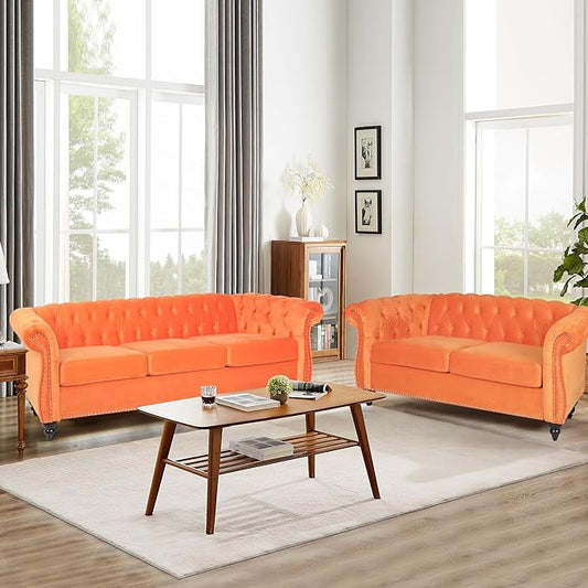 Living Room Velvet Sofa and Loveseat set Mid Century Modern Upholstered Couch with Cushions 2-Piece Home Sofa Furniture Sets Comfy Tufted Chesterfield Couches for Living Room Bedroom Office