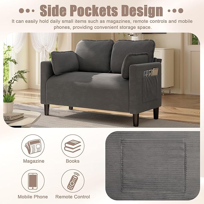 48 Corduroy Loveseat Sofa Small Couches for Living Room Green Couch for Bedroom Apartment Dorm 2 Seater Mini Sofa with Side Pocket High Rebound Sponge Cushion Easy Assembly (Grey)