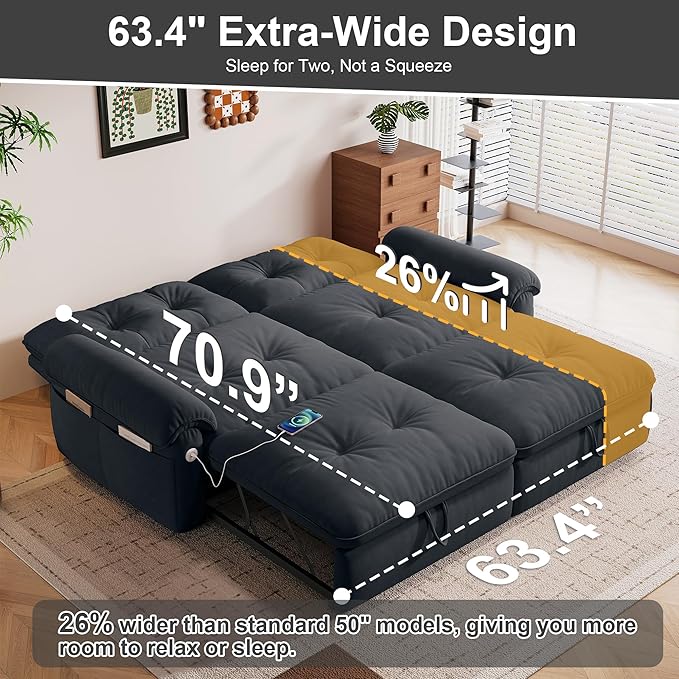 Sleeper Sofa Bed Queen Size Sofa Bed Convertible Pull Out Couch with Adjustable Backrest USB Port and Side Pockets Modern 2 Seater Small Couches for Living Room Space-Saving