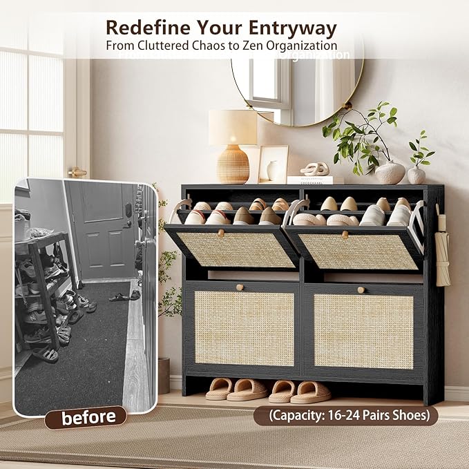 Nicetree Shoe Cabinet Storage for Entryway 4-Flip Drawer Narrow Shoe Rack Organic Modern Rattan Shoe Organizer with Gold Legs Shoe Organizer Fits Men's Size 13.5 Black