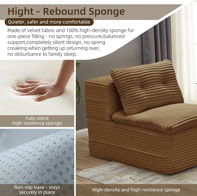 80 Convertible Sectional Sofa Bed with Independent Chaise Lounge and Functional Blanket Multi-Functional Corduroy Boneless Couch Foldable Futon Sleeper Sofa with Deep Seat Brown