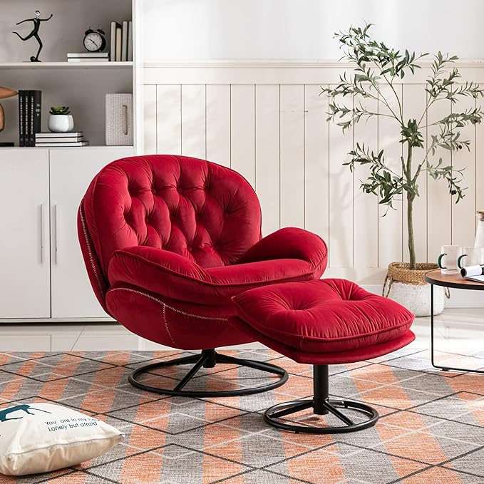 Accent Chair TV Chair Living Room Chair with Ottoman Dark RED