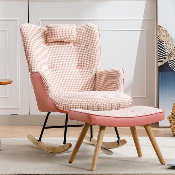35.5 inch Rocking Chair Soft Houndstooth Fabric Leather Fabric Rocking Chair for Nursery Comfy Wingback Glider Rocker with Safe Solid Wood Base for Living Room Bedroom Balcony (Pink)