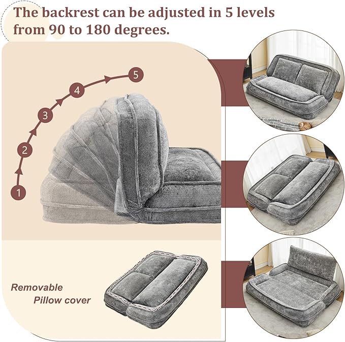 Human Dog Bed Lazy Sofa Couch Plush Floor Gaming Chair5 Adjustable Position sit Sleep fold Suit to Put in Bedroom Living RoomSpace Saving Design (Gray 2 Seat)