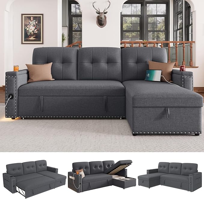 HIFIT Sleeper Sofa Bed- 81 L Shaped Pull Out Couches for Living Room with Storage Chaise 2 Storage Armrest LED Light&ampUSB Port&ampCupholder Modern Linen Sectional Home Sofa Living Room Furnitu