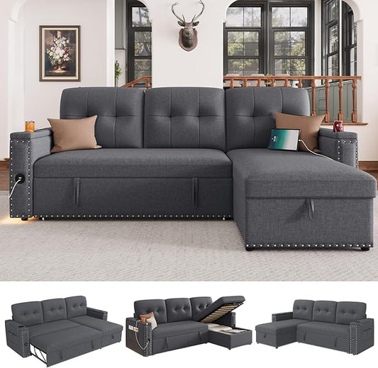 HIFIT Sleeper Sofa Bed- 81 L Shaped Pull Out Couches for Living Room with Storage Chaise 2 Storage Armrest LED Light&ampUSB Port&ampCupholder Modern Linen Sectional Home Sofa Living Room Furnitu