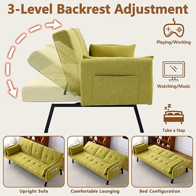 70 Beige Futon Couch Bed Sofa Comfortable Futon Loveseat with Cupholders &amp Arms Convertible Fouton Sofas with Adjustable Backrest &amp Pockets for Small Spaces Living Room Bedroom Dorm (Green)