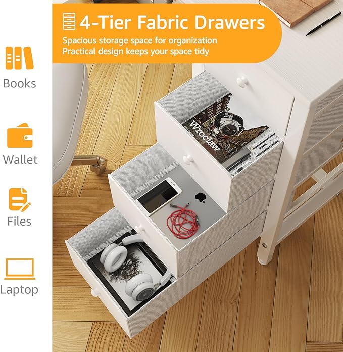 DLisiting 47 inch Desk Fabric Drawers - White Office Vanity Modern Cute PC Writing White Desk with Storage for Bedroom Home Office Computer Desks for Girls Teens Childrens