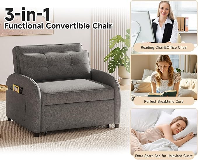 3-in-1 Convertible Sleeper Sofa Bed with Pillow &amp Pocket Loveseat Sleeper Chair in Soft Cotton Linen for Living Room Bedroom Study Apartment Grey